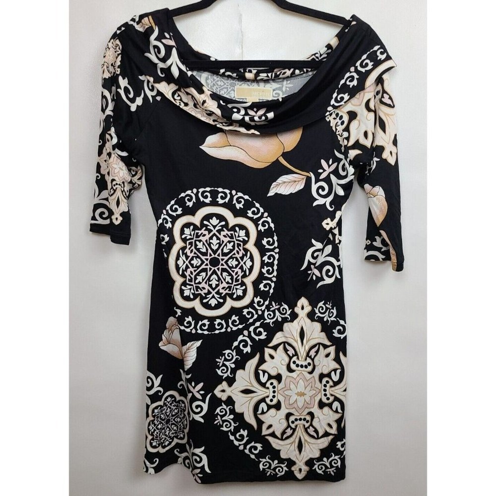 đť…şMICHAEL Michael Kors Black Tan Floral Print Off Shoulder Tunic Top Medium - Picture 1 of 5